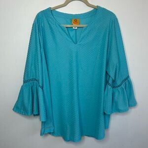Ruby Rd Turquoise Blue 3X Plus Size Bell Sleeve Blouse Top